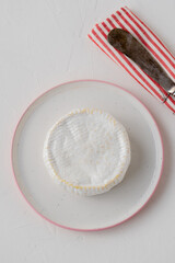 traditional artisan cheese with white mold on the white table