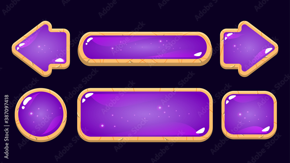Poster set of game ui purple jelly button with wooden border. perfect for 2d gui vector illustration