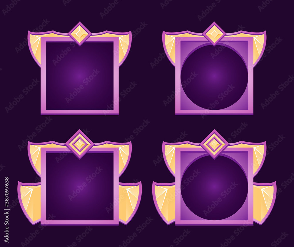 Poster set of fantasy golden wings game ui border avatar frame with grade for gui asset elements