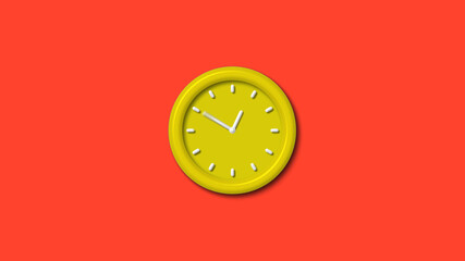 New yellow color 12 hours 3d wall clock on red background, wall clock