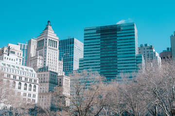 Fototapeta na wymiar Foto de los rascacielos del distrito financiero de Nueva York desde Battery Park