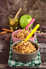 Breakfast oat porridge with apple, hazelnuts, honey and cinnamon powder on a wooden rustic background.