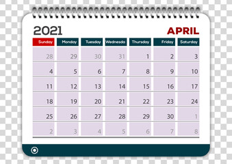 April 2021. Calendar planner design template. Week starts on Sunday.	
