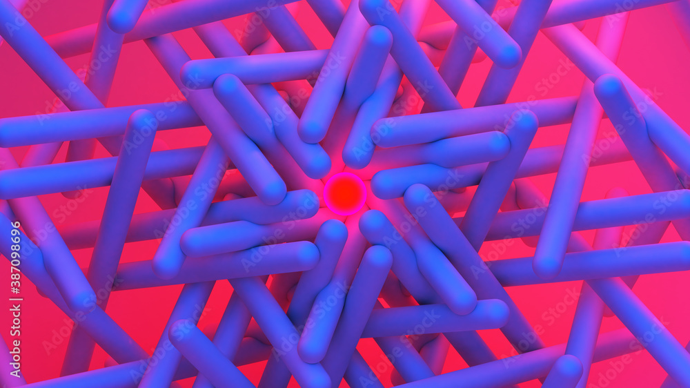 Poster Scientific or technology abstractions with canes, sticks or rods flying in surreal symmetric structure around the red light orb. Abstract background with purple and blue neon tech structure