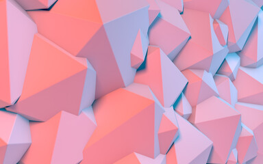Abstract background with 3D shapes flying in pink and blue light as a messy array or chaotic structure for any pastel backdrop