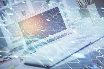 Double exposure of desktop with personal computer on background and tech theme drawing. Concept of data analysis.