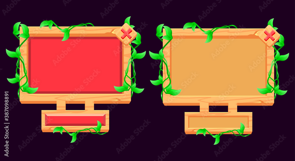 Poster set of gui wooden nature leaves board pop up interface. perfect for 2d game ui vector illustration