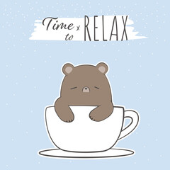 Cute teddy bear ralaxing in coffee cup cartoon doodle card vector design for nursery