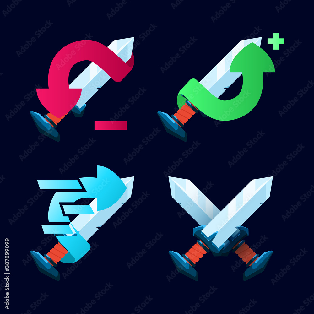Aufkleber set of gui sword ability, power up icon for 2d games ui asset elements vector illustration