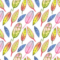 Seamless watercolor pattern with leaves of different colors 
on a white background