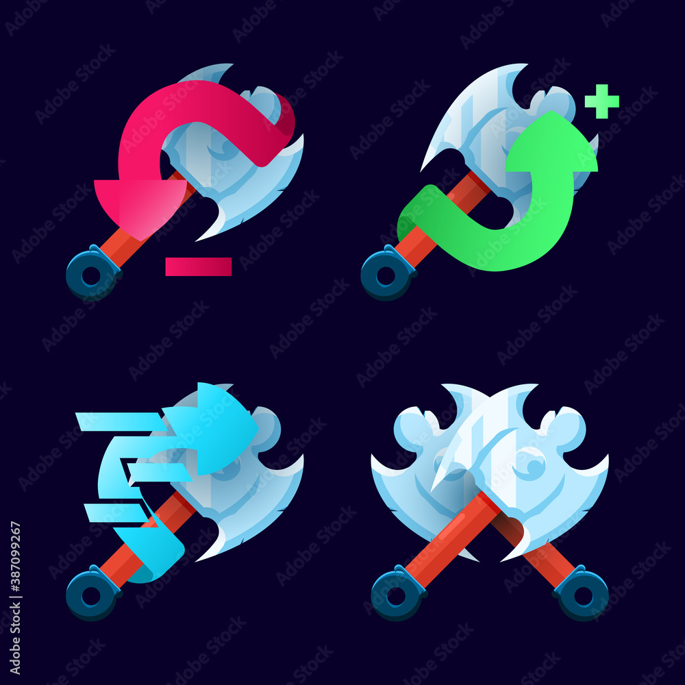 Aufkleber set of gui axe ability, power up icon for 2d games ui asset elements vector illustration