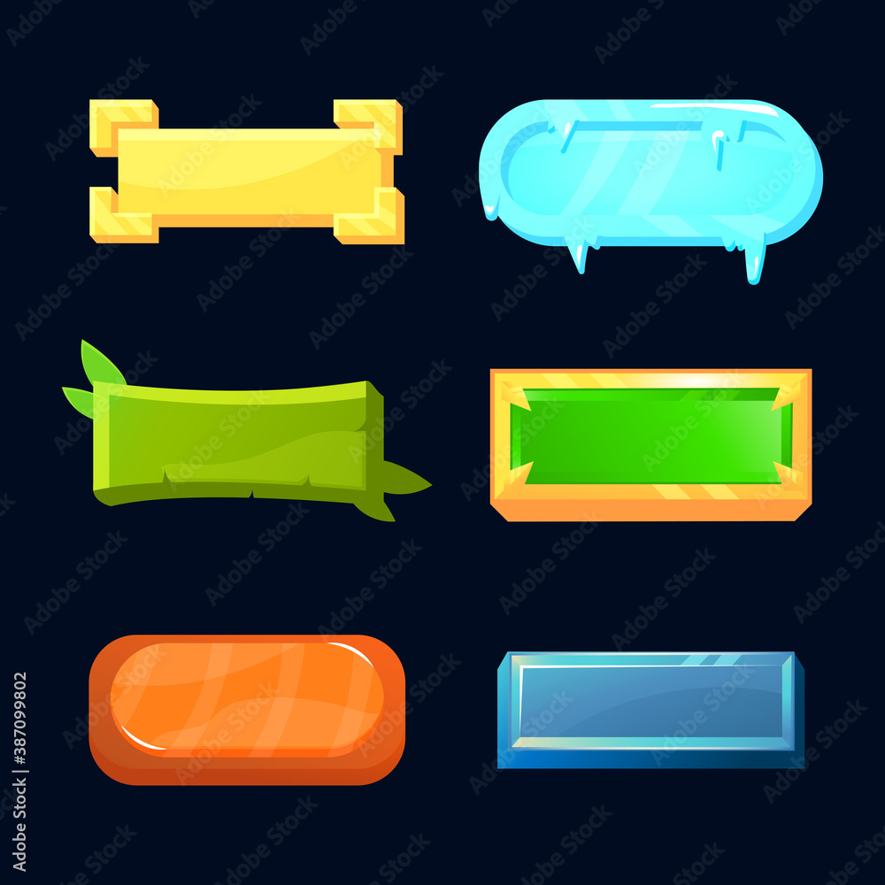 Poster set of various style game ui button for gui asset elements vector illustration