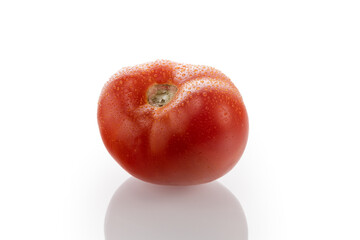 Tomato with water drops on a white background, close-up, isolate