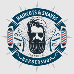 Barbershop logo, poster or banner design concept with barber pole and bearded men. Vector illustration	