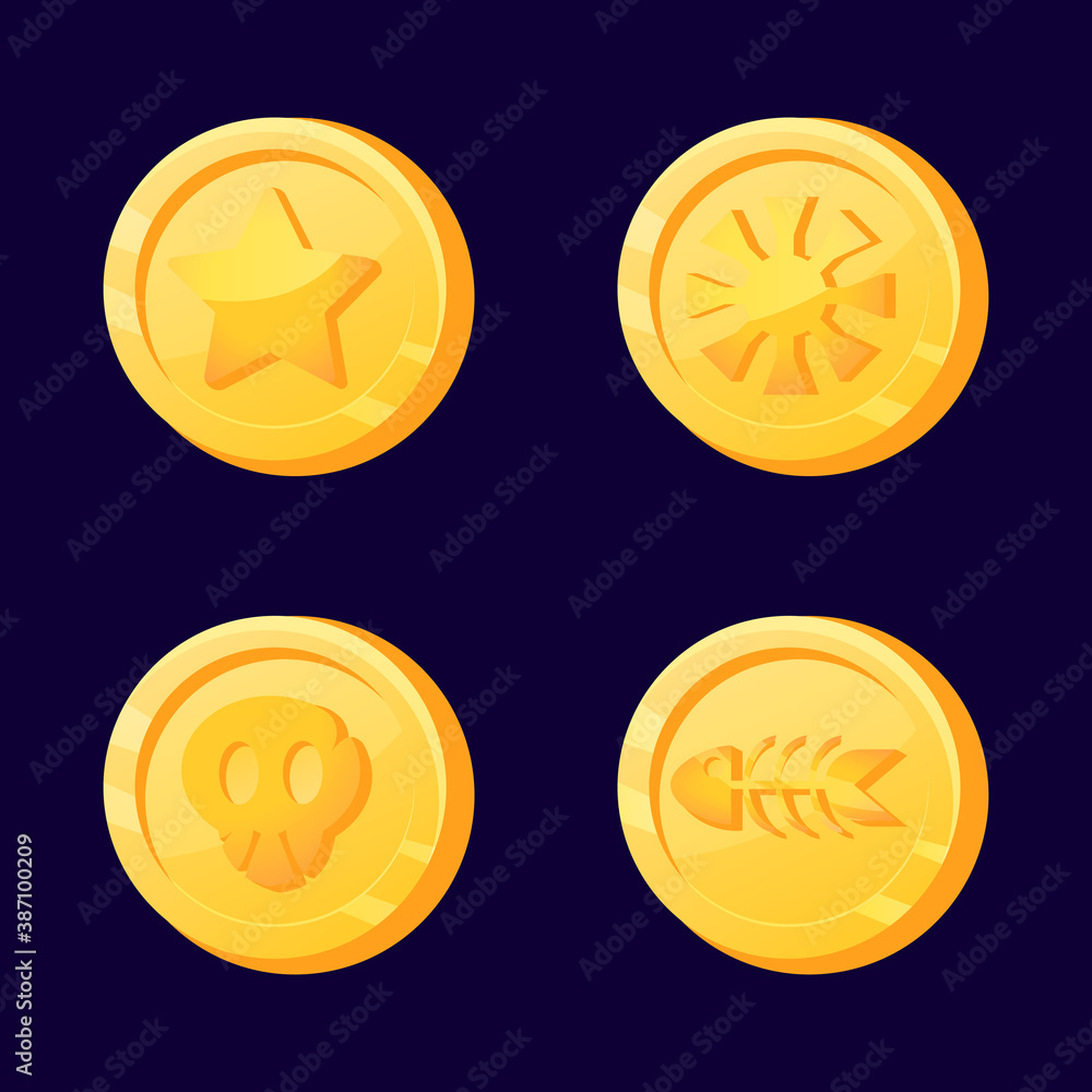 Poster currency coin icon. gold coin graphic user interface for 2d game design element. vector illustration