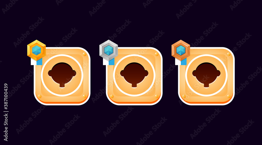 Poster set of funny golden game ui border avatar frame with grade for gui asset elements