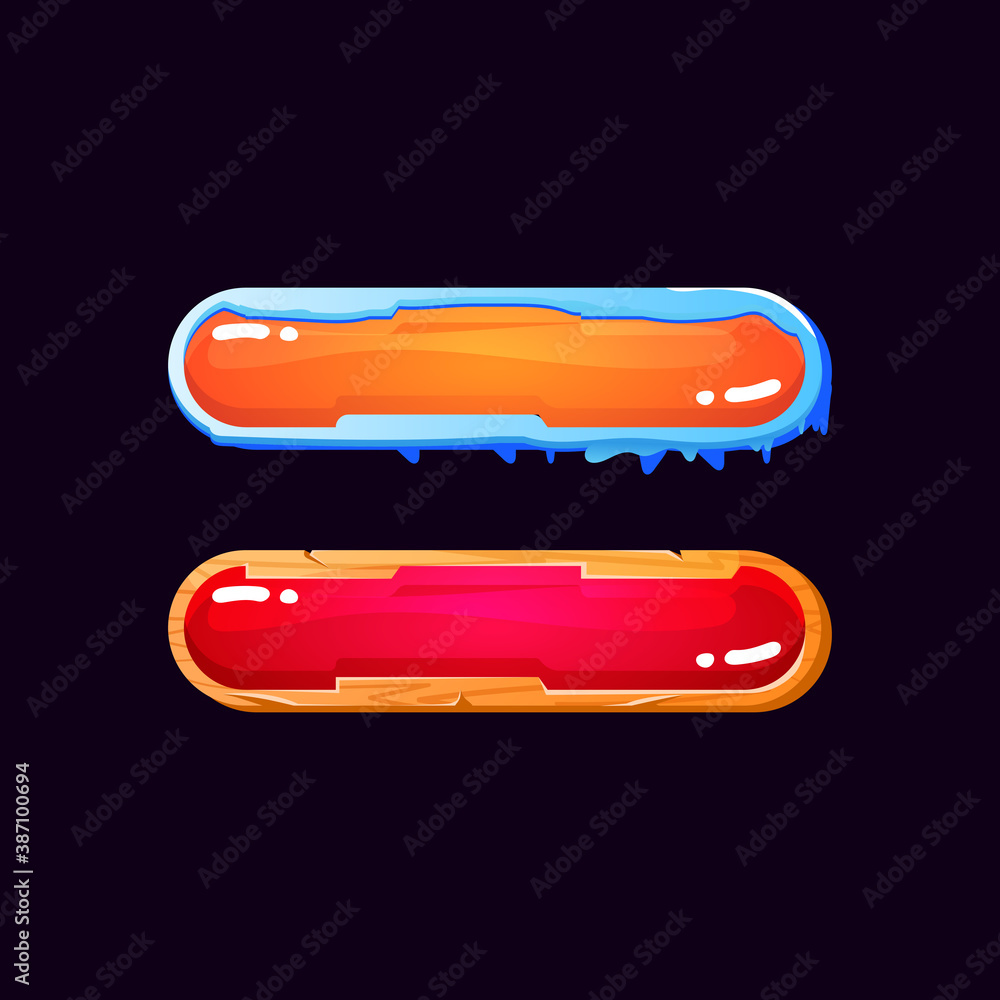 Poster set of funny game ui wooden and and ice with jelly button for gui asset elements vector illustration