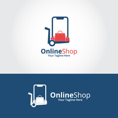 Online Shop Logo designs Template. Illustration vector graphic of shopping cart smartphone and shop bag combination logo design concept. Perfect for Ecommerce, sale, discount or store web element.