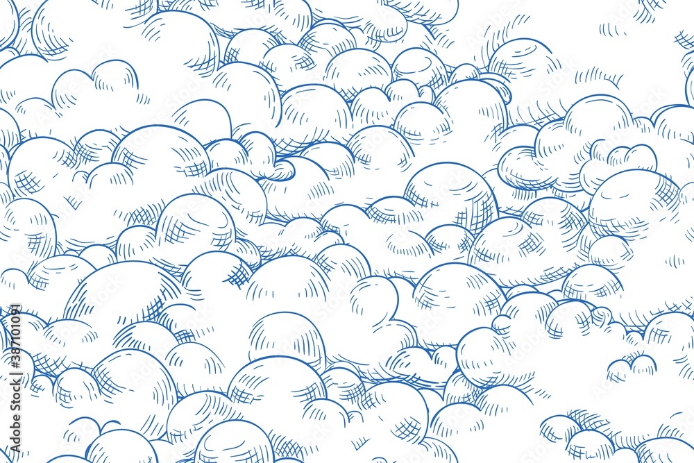 Aufkleber Monochrome seamless pattern of fluffy clouds or soap foam. Repeatable background with curly cumulus. Vector hand drawn illustration of cloudscape