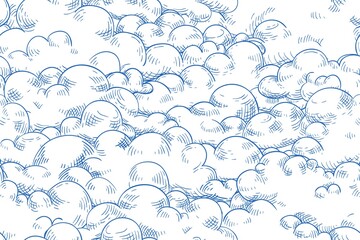 Monochrome seamless pattern of fluffy clouds or soap foam. Repeatable background with curly cumulus. Vector hand drawn illustration of cloudscape