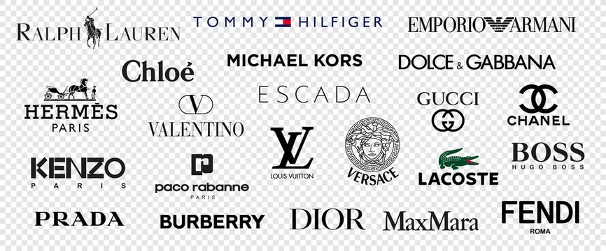 Luxury clothing brands. Valentino, Gucci, Versace, Guess, Giorgio Armani,  Christian Dior, Louis Vuitton, Prada, Zara, Chanel, Ralph Lauren, Calvin  Klein, Givenchy, Lacoste, Fendi. Editorial Stock Vector