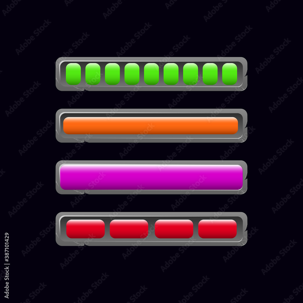 Aufkleber set of rock stone game ui loading bar in various colors for gui asset elements vector illustration