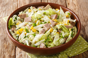 Simple salad recipe with beef tongue, cabbage, corn and green onions close-up in a bowl on the table. horizontal