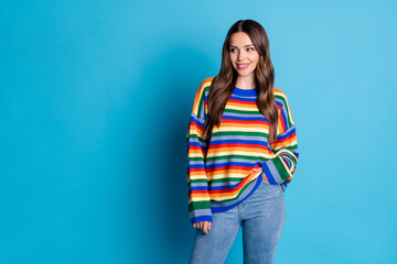 Portrait of her she nice attractive lovely fashionable cheery brown-haired girl wearing comfy garment new season isolated bright vivid shine vibrant blue color background