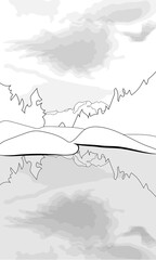Fototapeta premium Coloring of a lake on a mountain and forest background