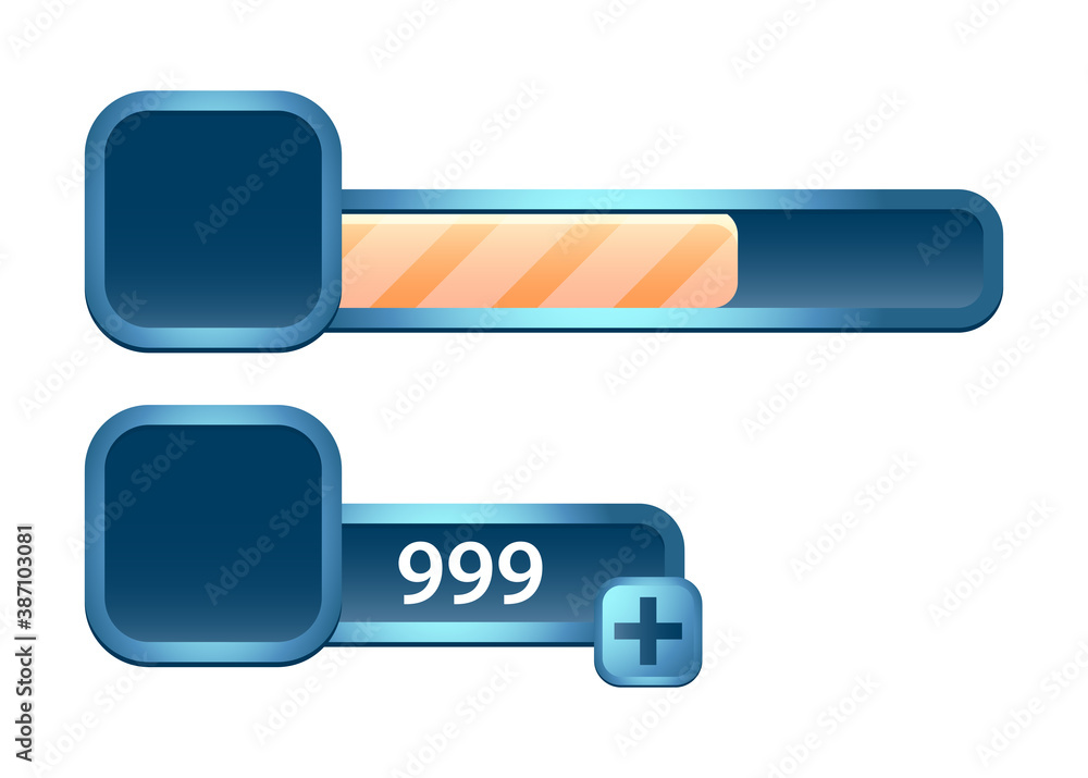 Poster set of glossy blue game ui bar and additional panel for gui asset elements vector illustration