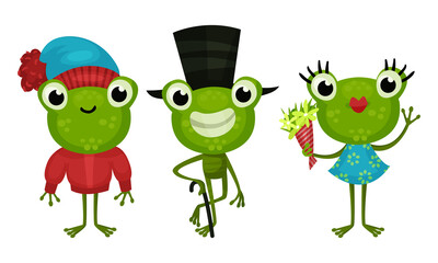 Funny Green Frog with Protruding Eyes Wearing Top Hat and Holding Flower Bouquet Vector Set