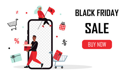 Man and Woman with presents. Phone mockup. Shopping Sale Promotion. Vector illustration
