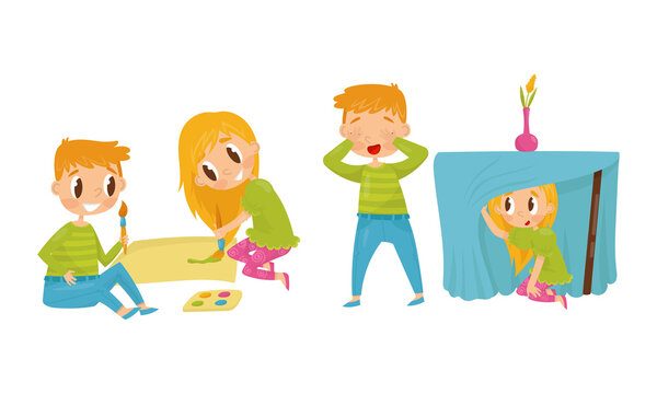 Little Boy and Girl Painting and Playing Hide-and-seek Vector Illustration Set