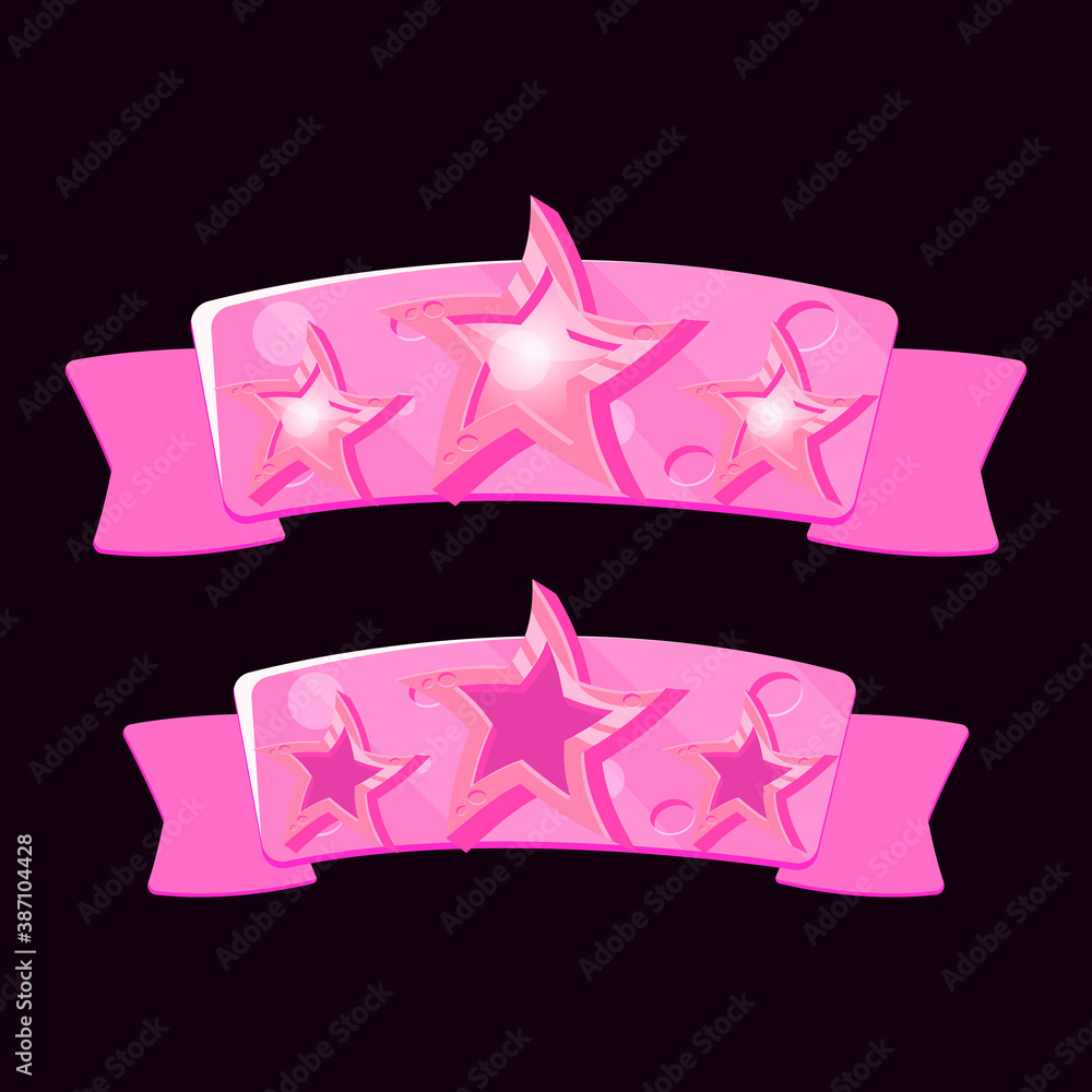 Poster set of sparkling pink game ui award star icon with ribbon for gui asset elements vector illustration