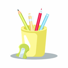 Pencil case with full off pencil and pen flat style vector Illustration