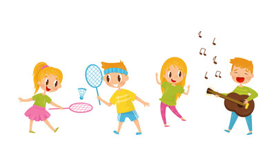 Little Boy and Girl Playing Guitar and Badminton Vector Illustration Set