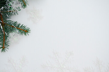 Christmas tree branch with snowflakes on a white background. Christmas background concept.
