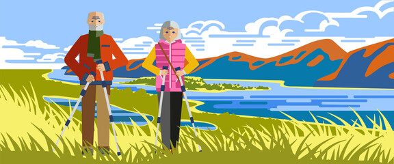 An elderly couple is engaged in Nordic walking against the backdrop of a beautiful landscape. Flat vector illustration.