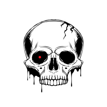 Hand drawn human skull with with glowing red eye