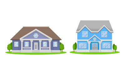 Residential Houses Exterior with Green Bushes Vector Set