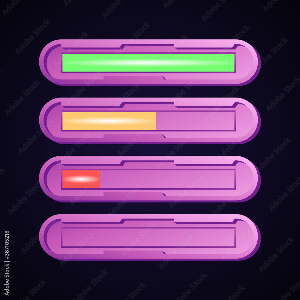 Aufkleber set of fantasy violet game ui progress health bar for gui asset elements vector illustration