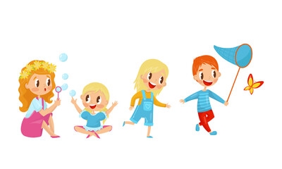 Little Boy and Girl Catching Butterflies and Blowing Bubbles Vector Illustration Set
