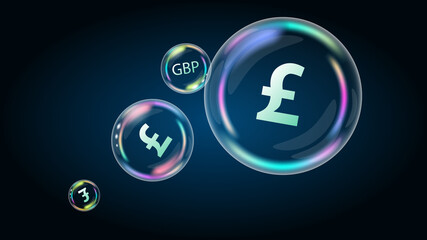 Pound Sterling GBP coin symbol in soap bubble. The US economy is inflated and burst. The financial pyramid will be destroyed. Vector EPS10.