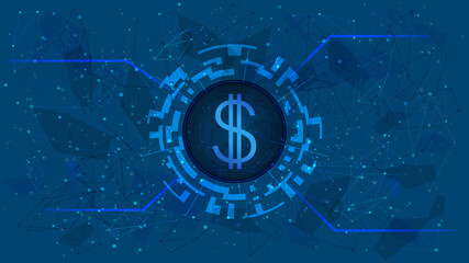 Dollar USD coin symbol in circle with digital theme on blue background. American currency icon for website or banner. Copy space. Vector EPS10.