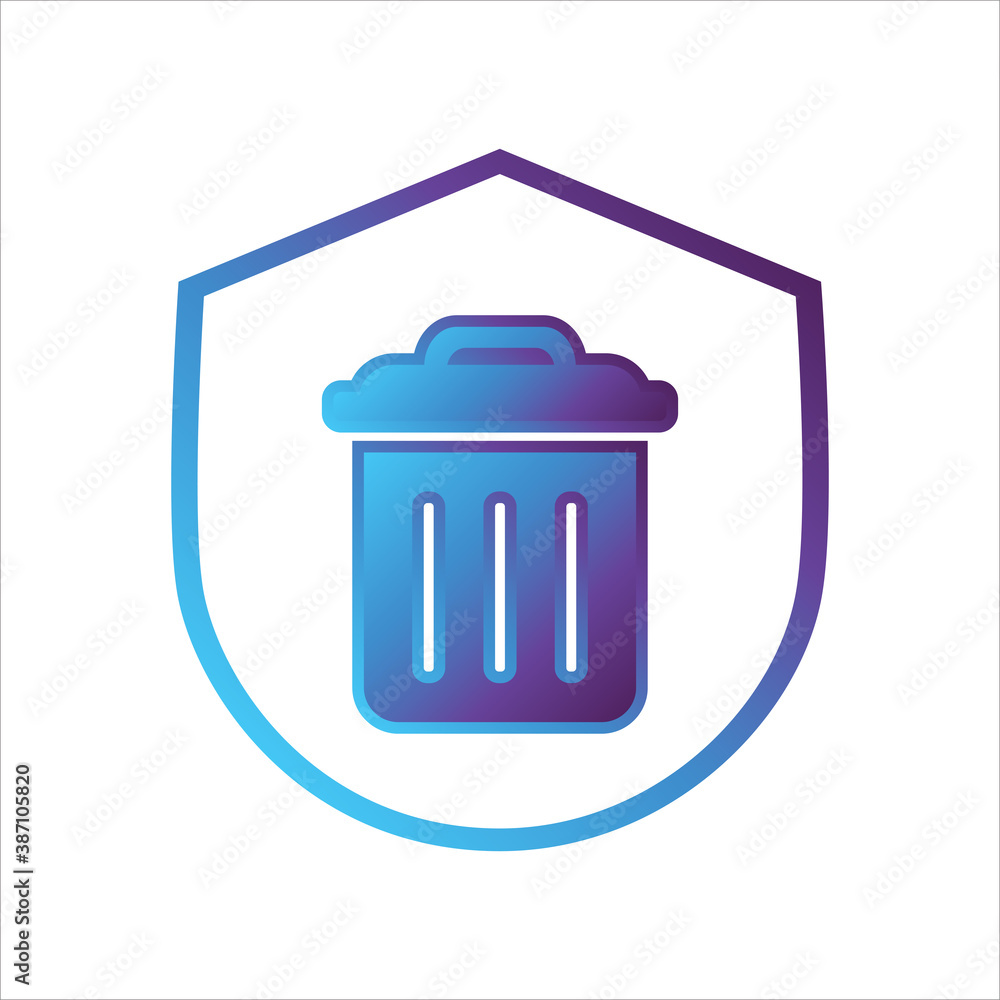 Poster security shield icon. shield with trash can symbol. concept of spam protection . gradient style outl