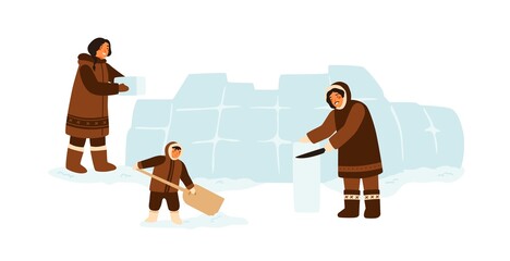 Eskimo traditional family constructing igloo with ice cubes together. Inuit people in traditional clothes building house. Flat vector cartoon illustration isolated on white background