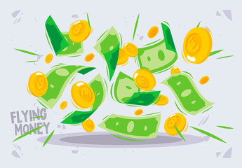Vector illustration of falling paper money with gold coins, flying money