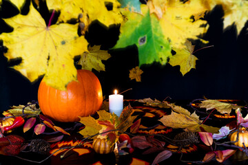 autumn composition with decorative pumpkin, candle. maple leaves on dark background. Halloween or Thanksgiving concept