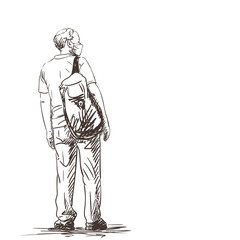 Adult bald man in medical face mask stands back turned with backpack on one shoulder looks on side Vector drawing. People coronavirus pandemic sketch. Hand drawn illustration isolated white background