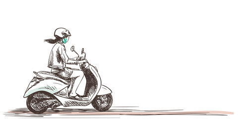 Asian woman in medical face mask riding scooter Vector drawing, People at coronavirus pandemic sketch, Hand drawn illustration isolated on white background with space for text © art_of_line
